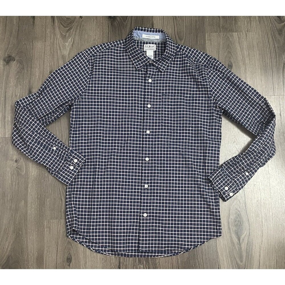 LL Bean Men M Button Down Shirt Coolmax Blue Plaid Long Sleeve Slightly Fitted